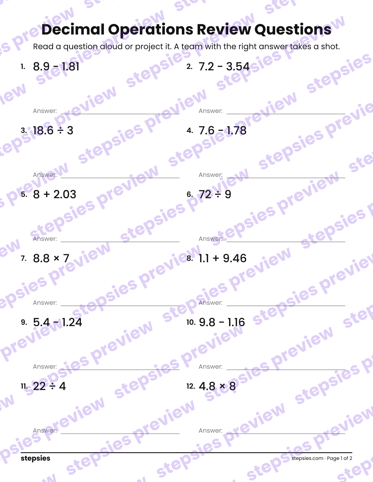 Decimal Operations: Trashketball Review Questions: page 1 of a printable Grade 5 Math worksheet