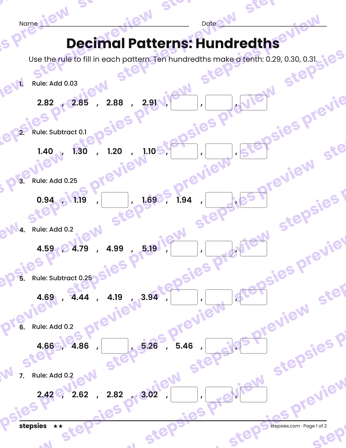 Decimal Patterns: Hundredths: page 1 of a printable Grade 5 Math worksheet