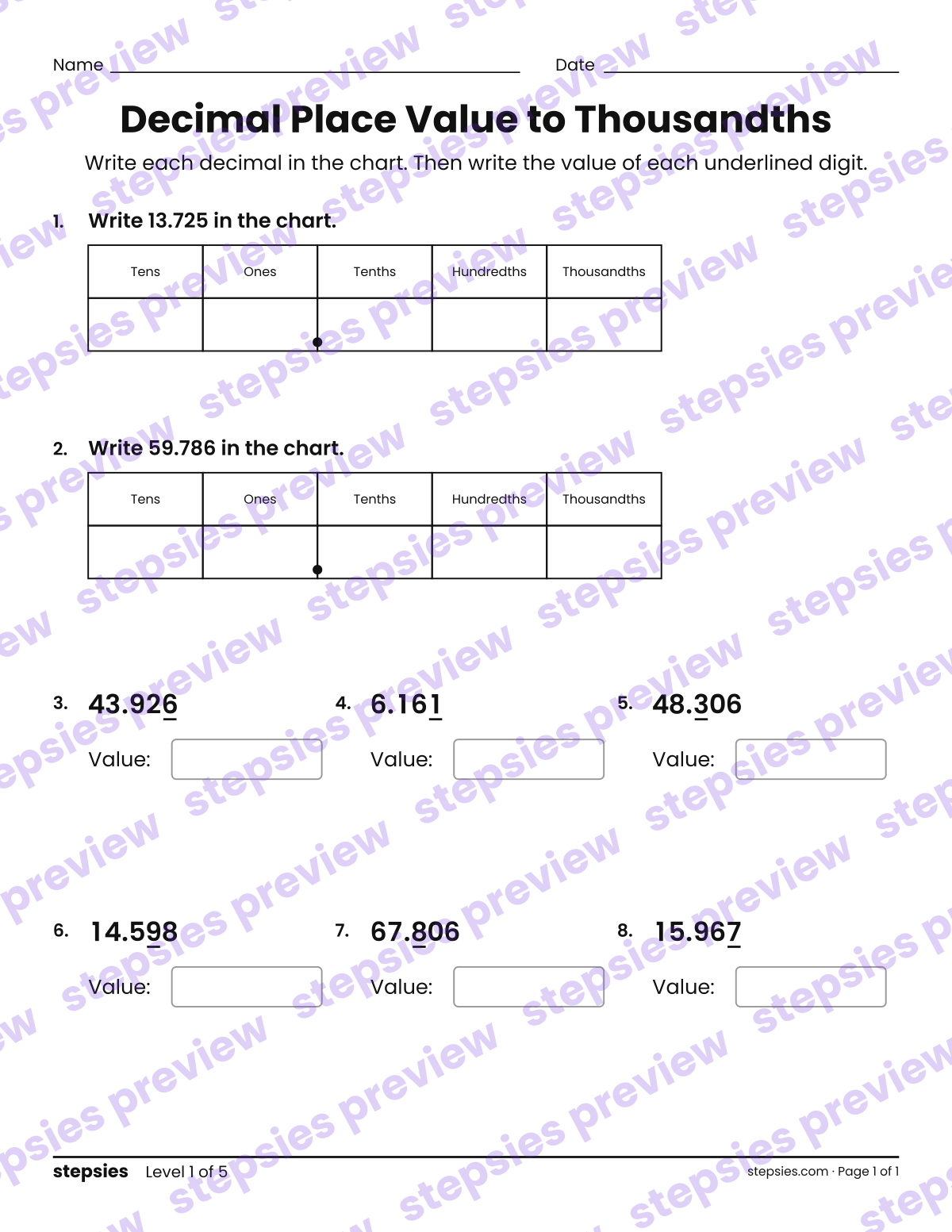 Decimal Place Value to Thousandths: page 1 of a printable Grade 5 Math worksheet