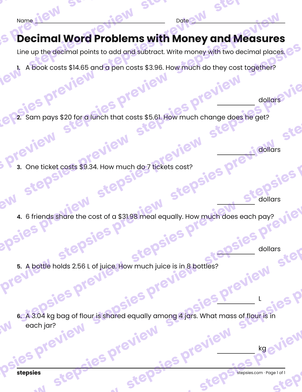 Decimal Word Problems with Money and Measures: page 1 of a printable Grade 5 Math worksheet