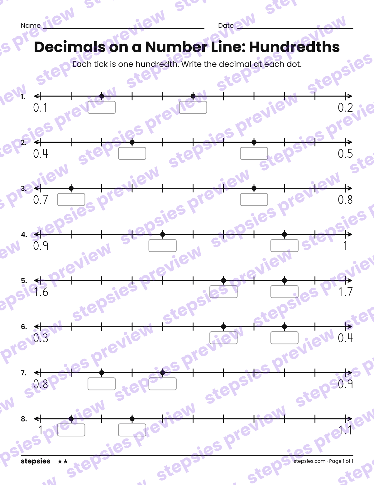 Decimals on a Number Line: Hundredths: page 1 of a printable Grades 4 and 5 Math worksheet