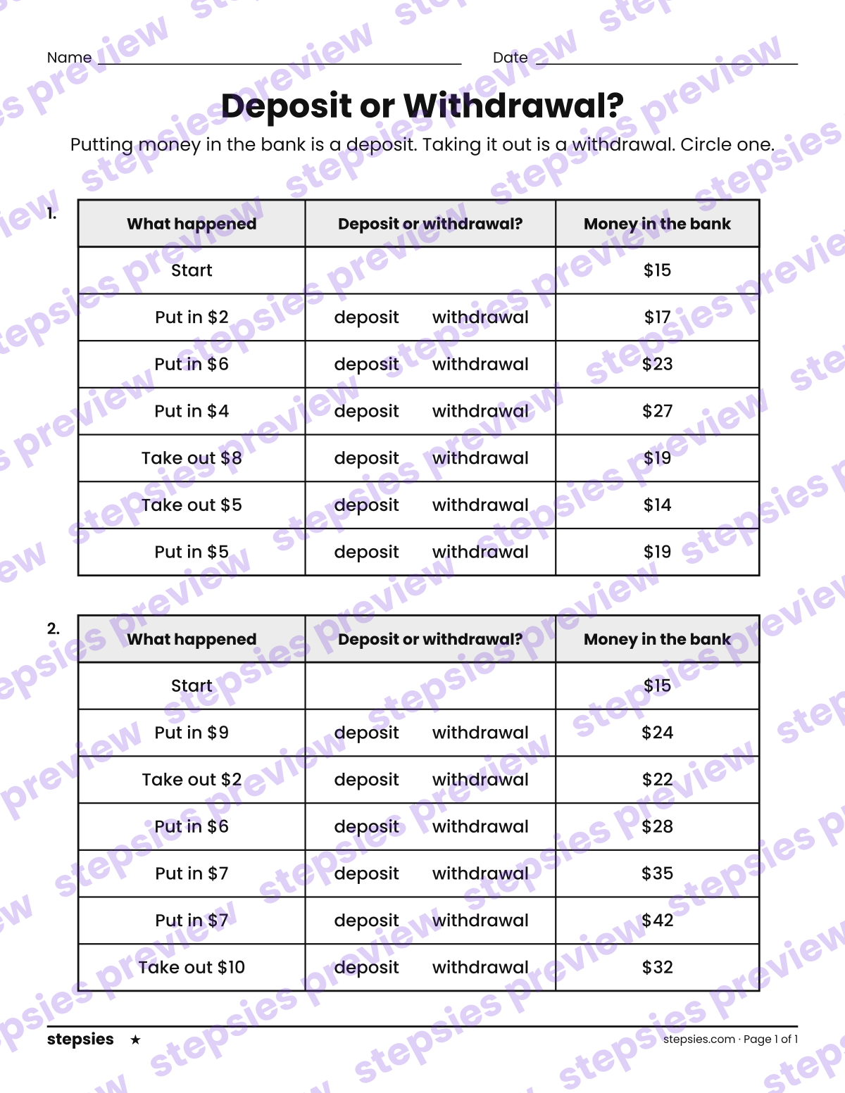 Deposit or Withdrawal?: page 1 of a printable Grade 2 Math worksheet