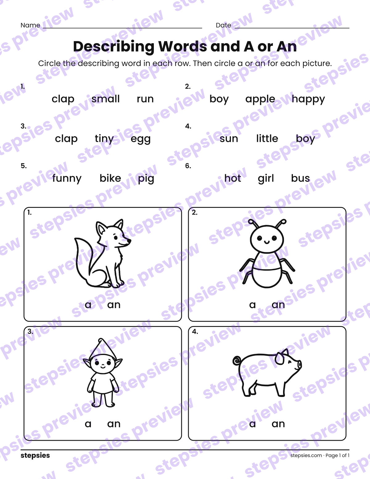 Describing Words and A or An: page 1 of a printable Kindergarten Language worksheet