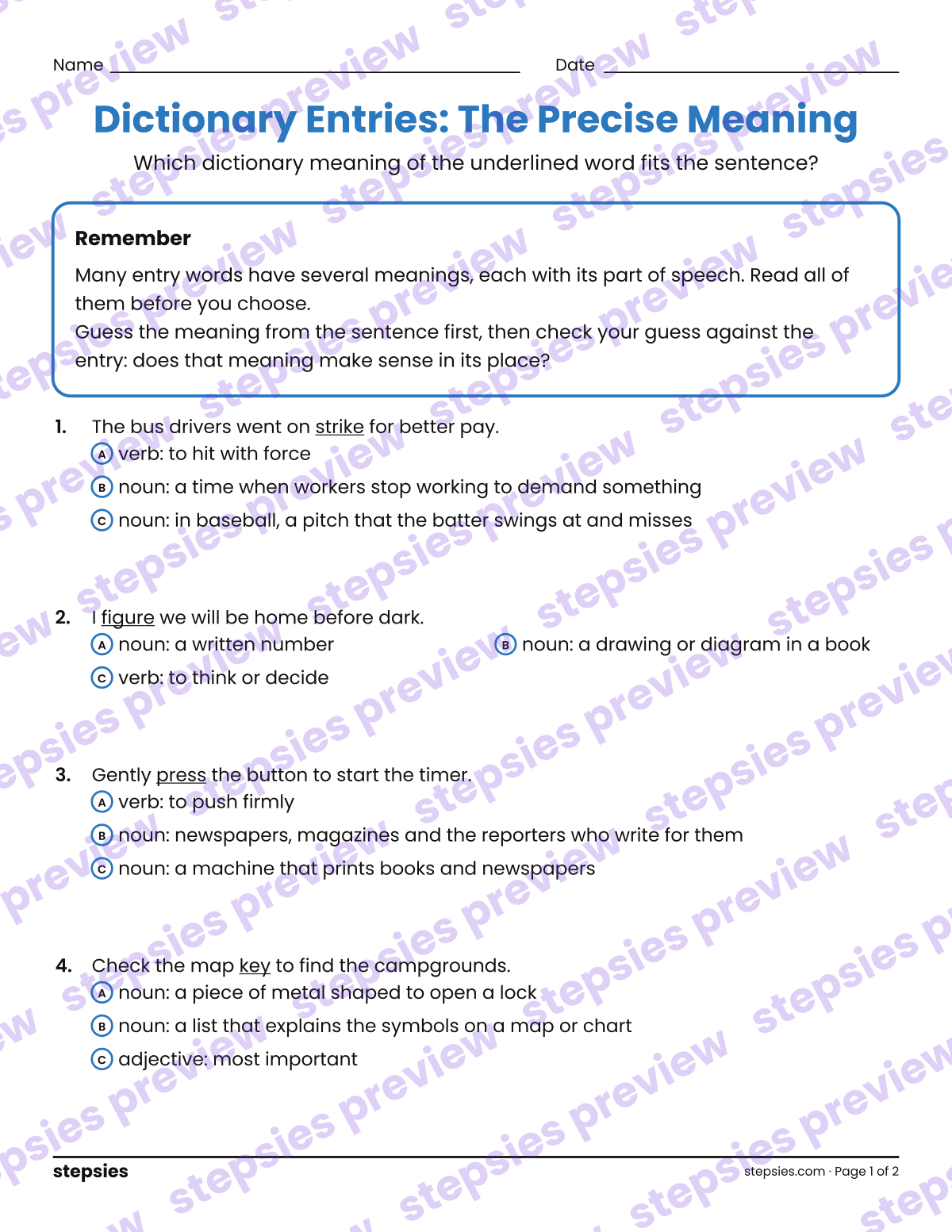Dictionary Entries: The Precise Meaning: page 1 of a printable Grades 6–8 Language worksheet