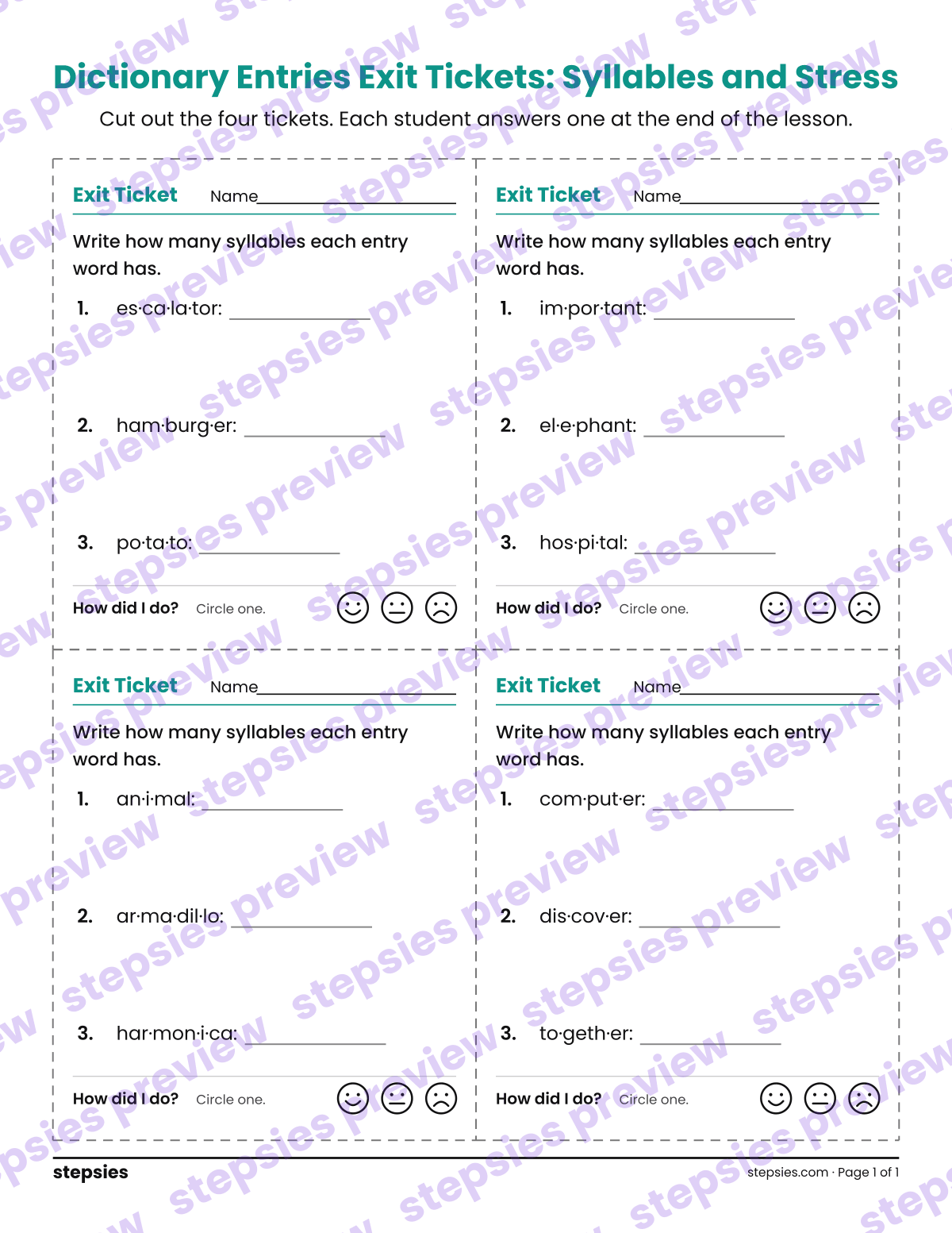 Dictionary Entries Exit Tickets: Syllables and Stress: page 1 of a printable Grades 4 and 5 Language worksheet