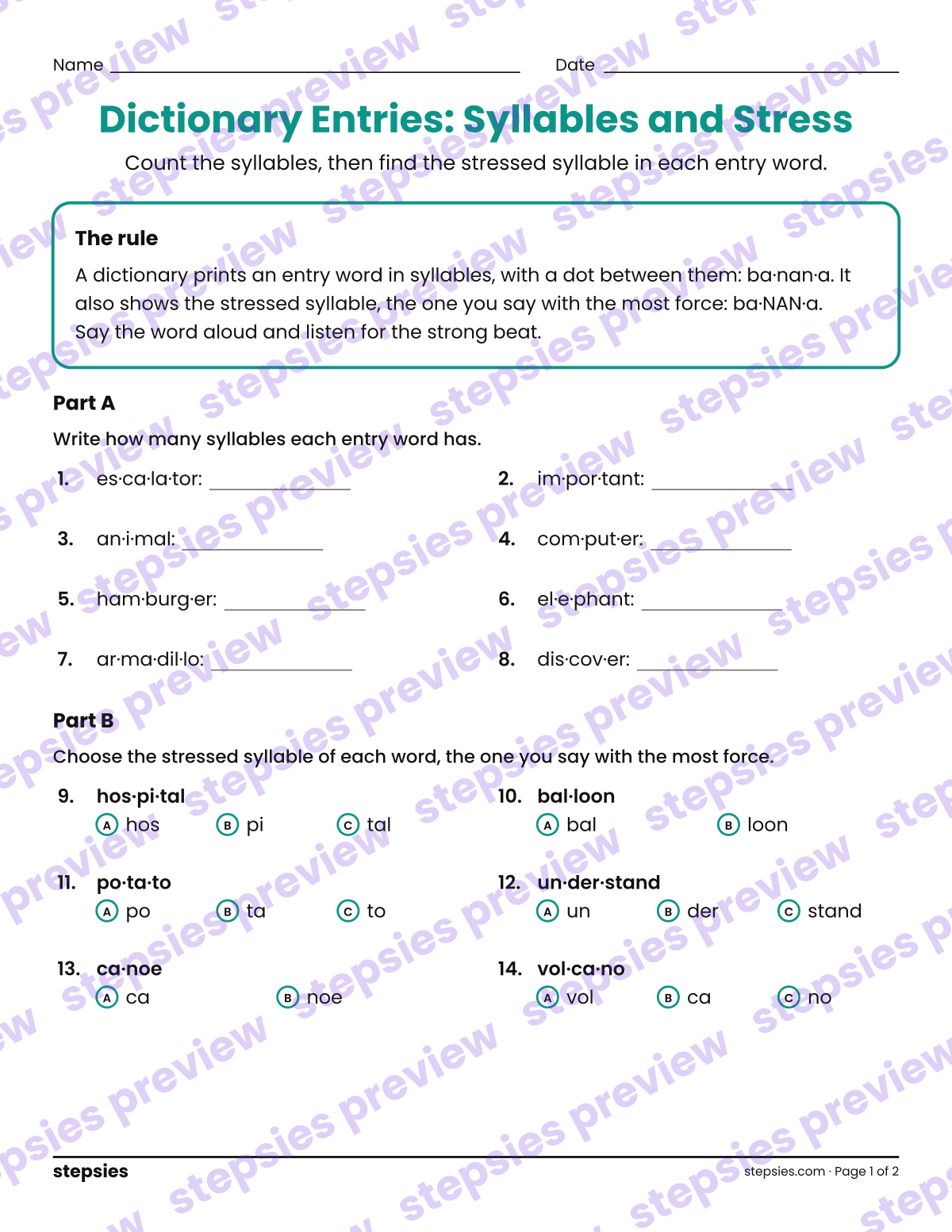 Dictionary Entries: Syllables and Stress: page 1 of a printable Grades 4 and 5 Language worksheet