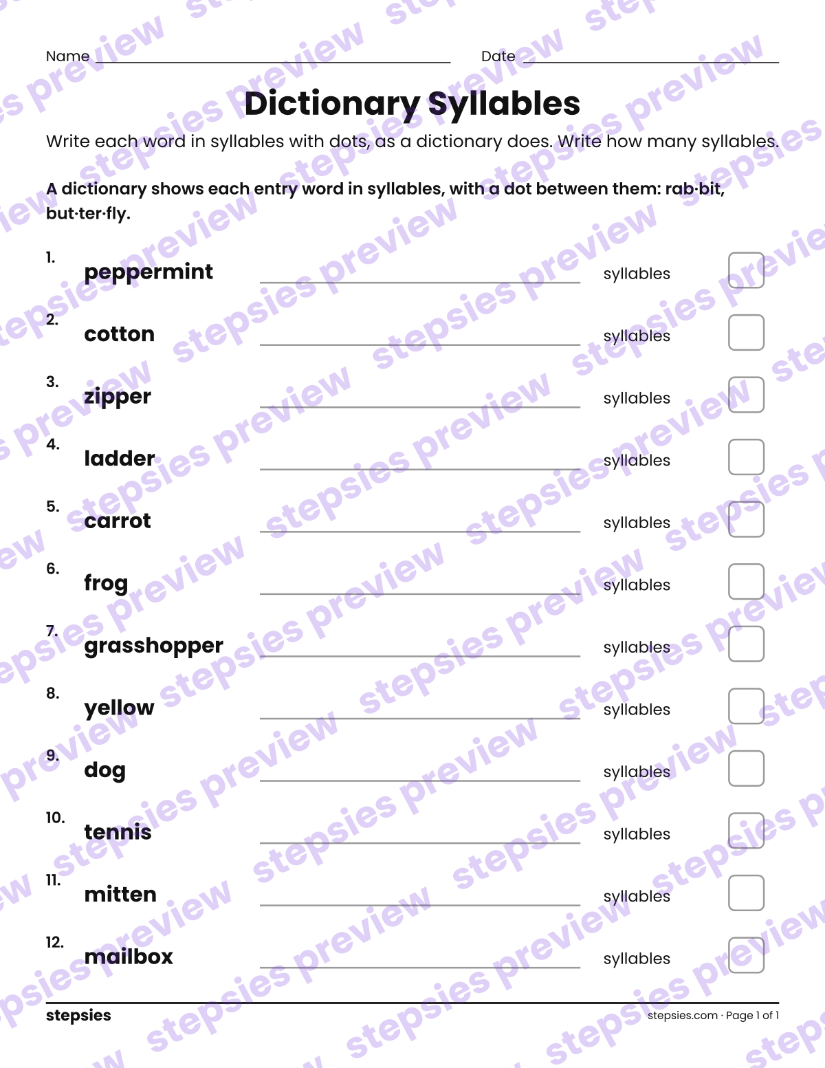 Dictionary Syllables: page 1 of a printable Grade 3 Language worksheet