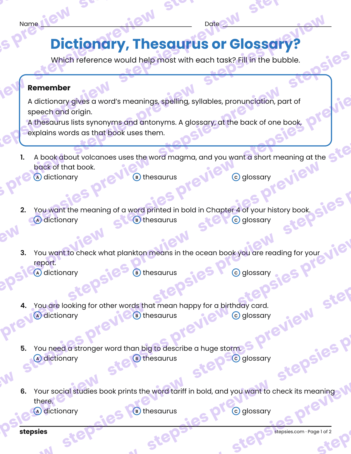 Dictionary, Thesaurus or Glossary?: page 1 of a printable Grades 6–8 Language worksheet