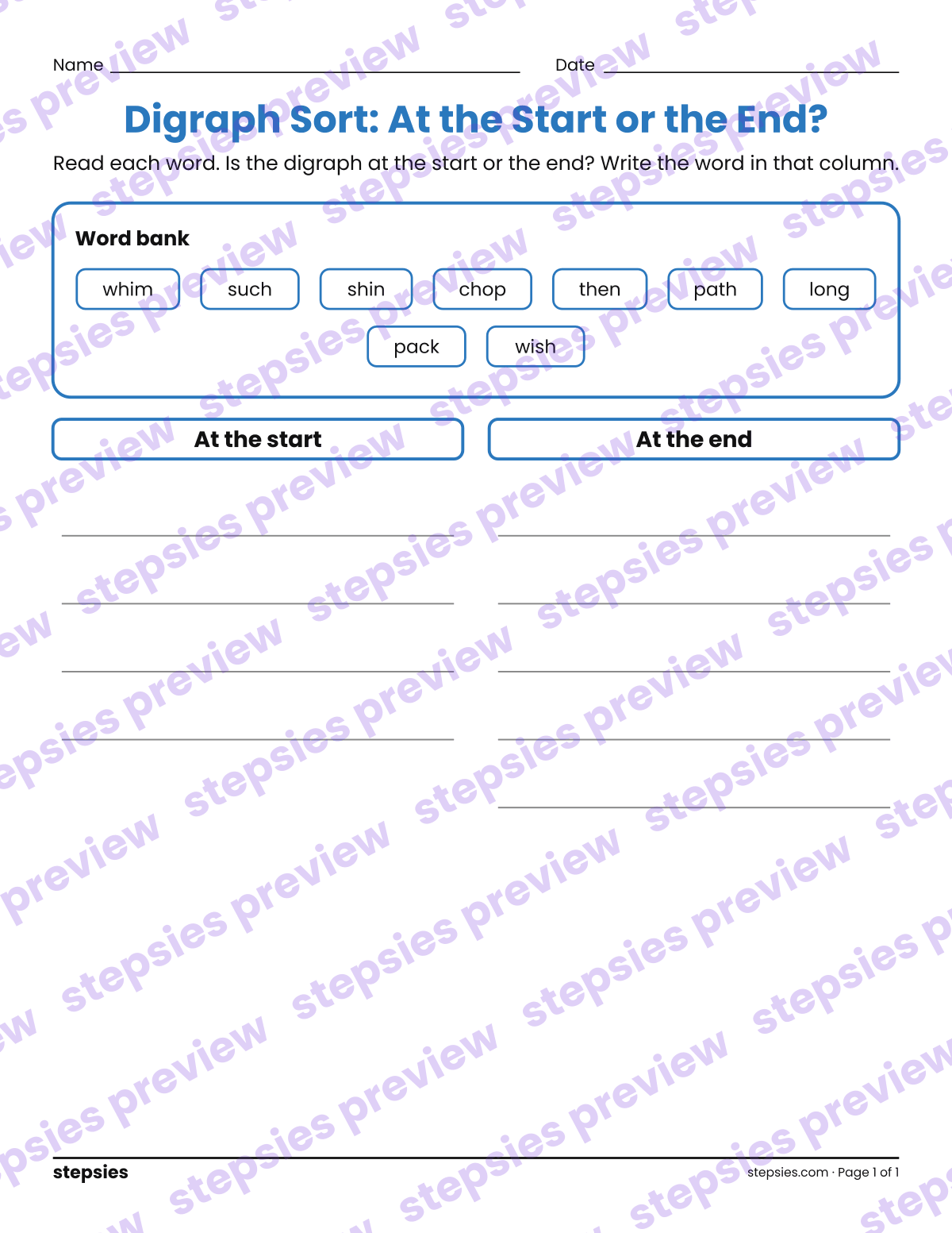 Digraph Sort: At the Start or the End?: page 1 of a printable Kindergarten and Grade 1 Language worksheet