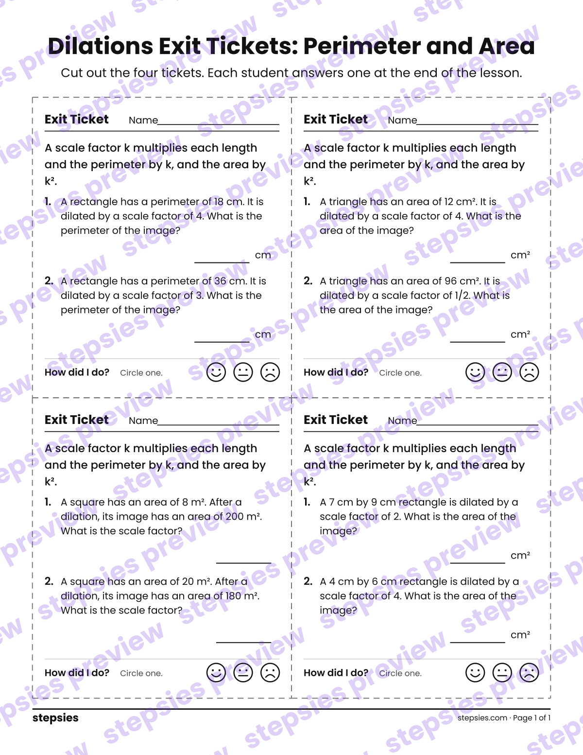 Dilations Exit Tickets: Perimeter and Area: page 1 of a printable Grade 8 Math worksheet