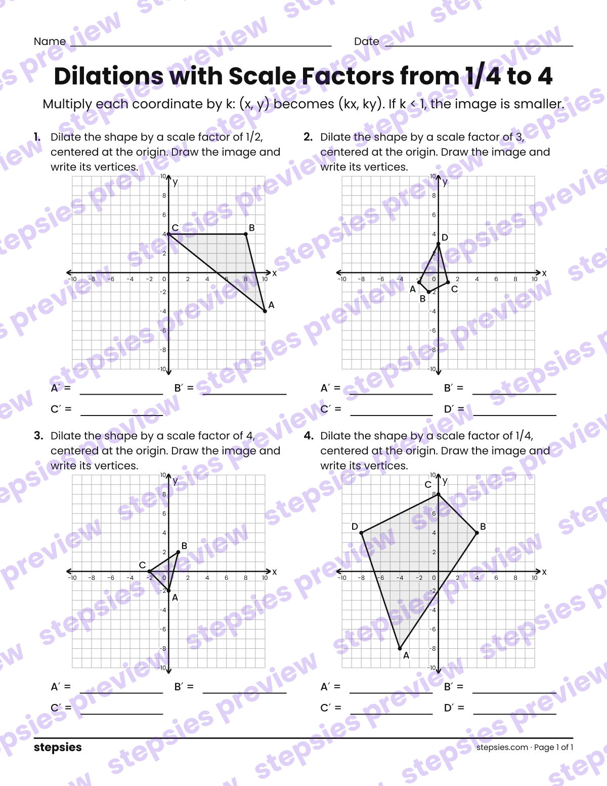 Dilations with Scale Factors from 1/4 to 4: page 1 of a printable Grade 7 Math worksheet
