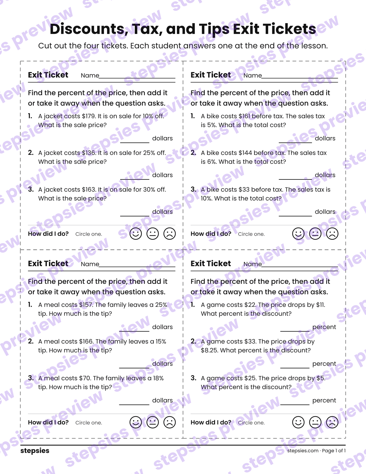 Discounts, Tax, and Tips Exit Tickets: page 1 of a printable Grade 7 Math worksheet