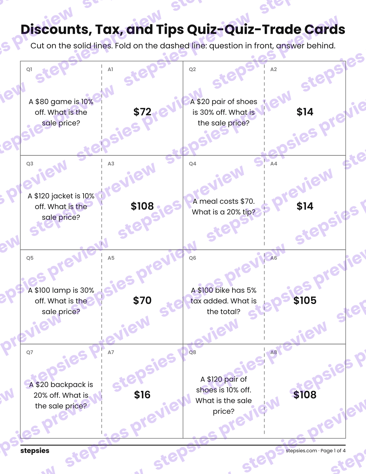 Discounts, Tax, and Tips: Quiz-Quiz-Trade Cards: page 1 of a printable Grade 7 Math worksheet