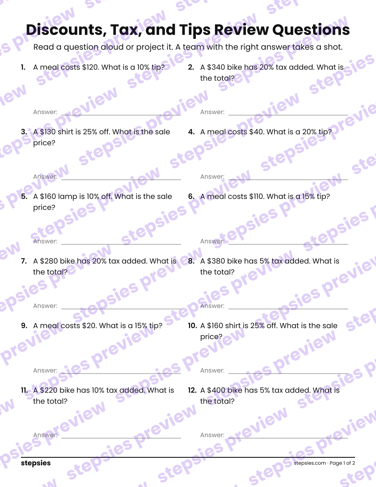 Discounts, Tax, and Tips: Trashketball Review Questions: page 1 of a printable Grade 7 Math worksheet
