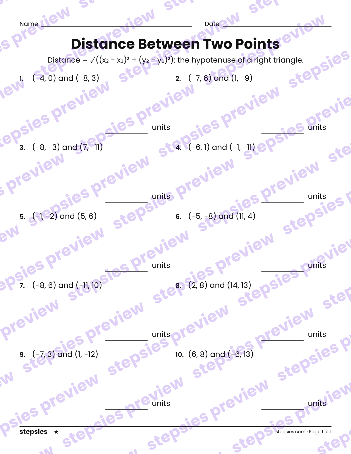 Distance Between Two Points: page 1 of a printable Grade 8 Math worksheet