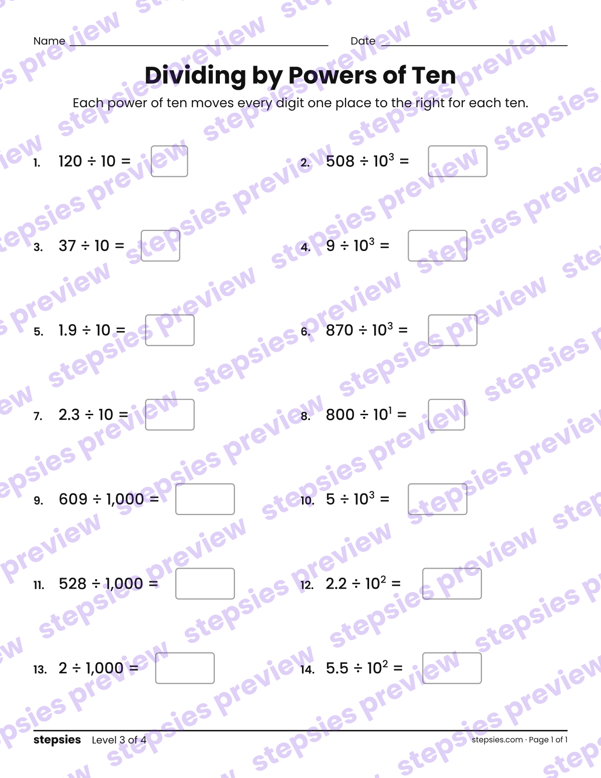 Dividing by Powers of Ten: page 1 of a printable Grade 5 Math worksheet