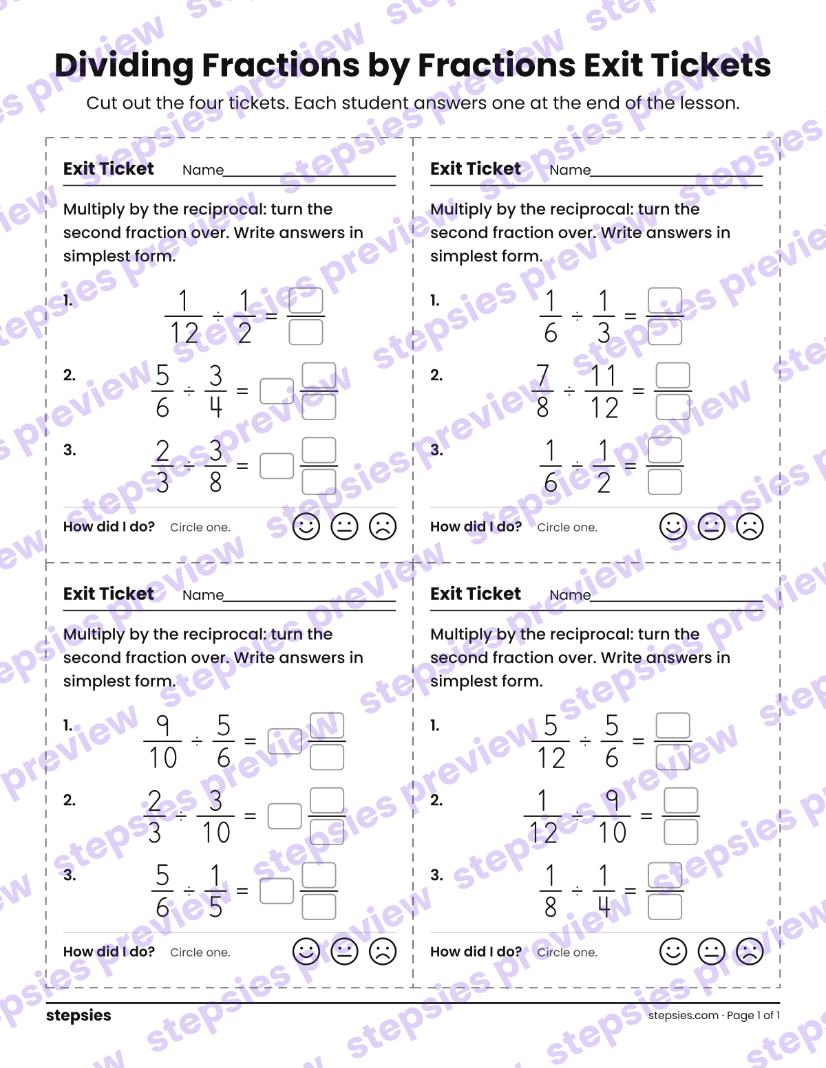 Dividing Fractions by Fractions Exit Tickets: page 1 of a printable Grade 6 Math worksheet