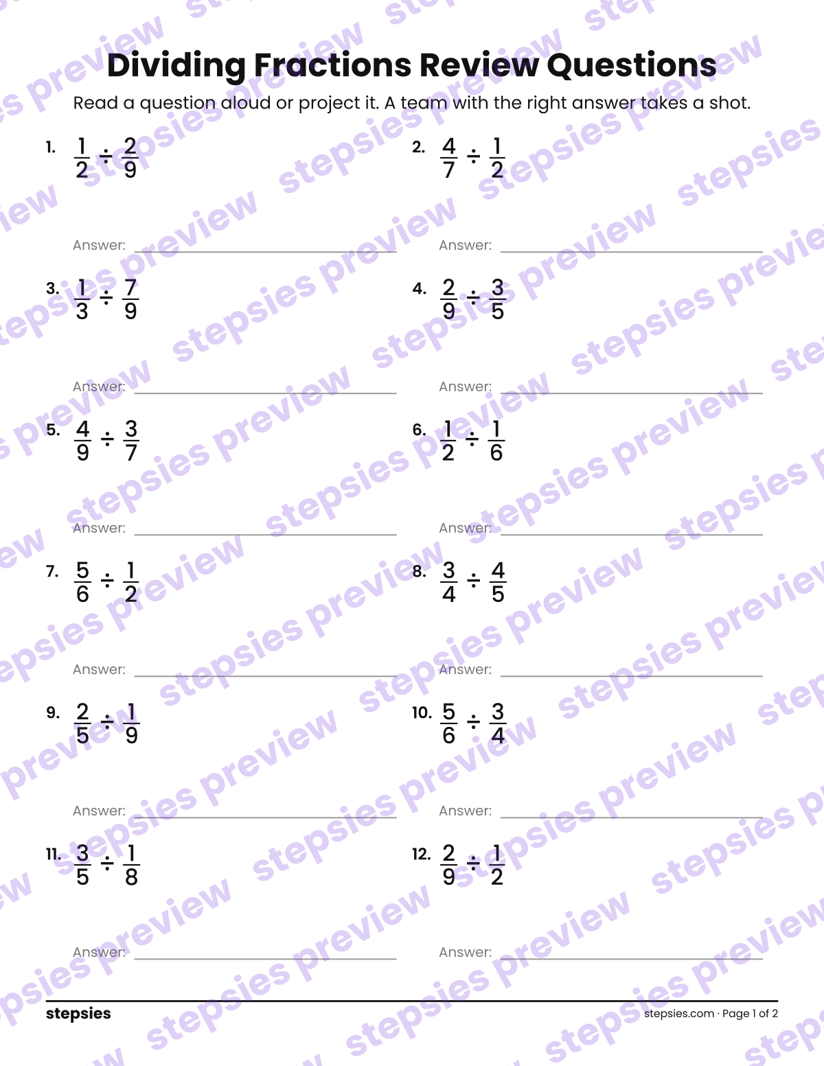 Dividing Fractions: Trashketball Review Questions: page 1 of a printable Grade 6 Math worksheet