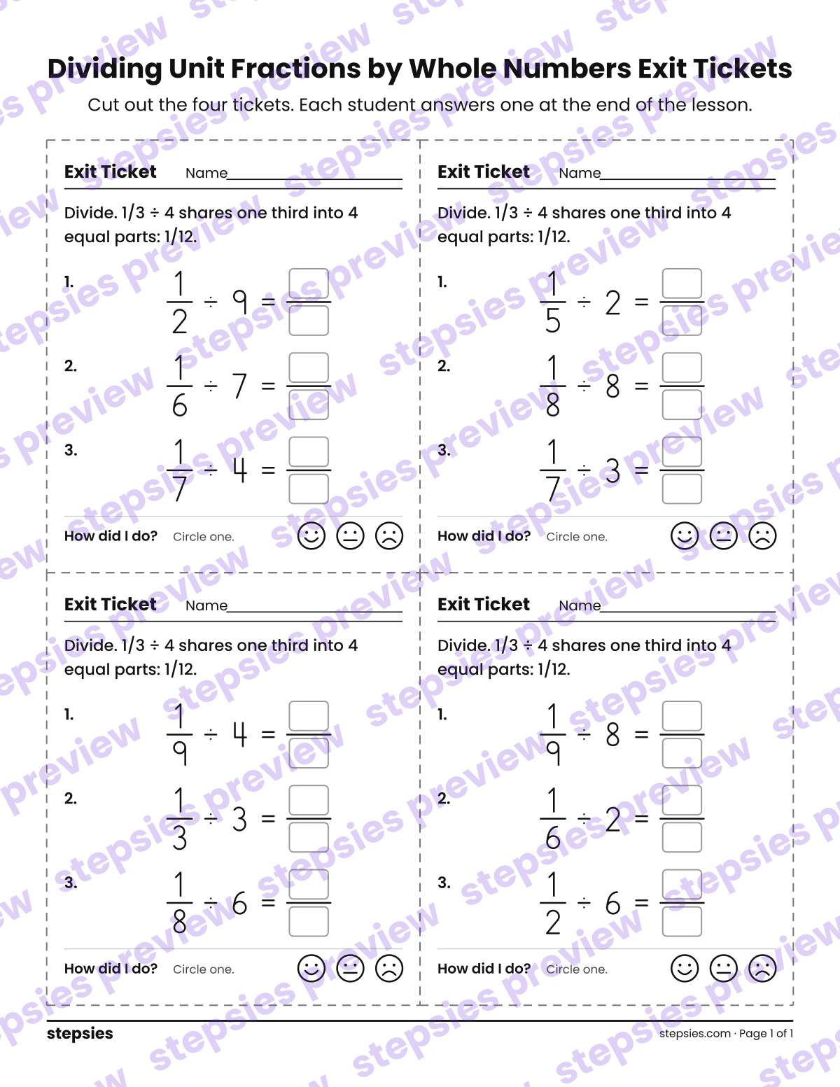 Dividing Unit Fractions by Whole Numbers Exit Tickets: page 1 of a printable Grade 5 Math worksheet