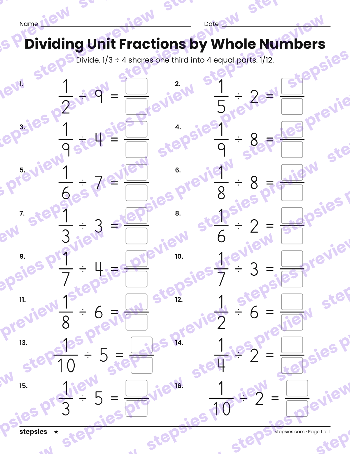 Dividing Unit Fractions by Whole Numbers: page 1 of a printable Grade 5 Math worksheet