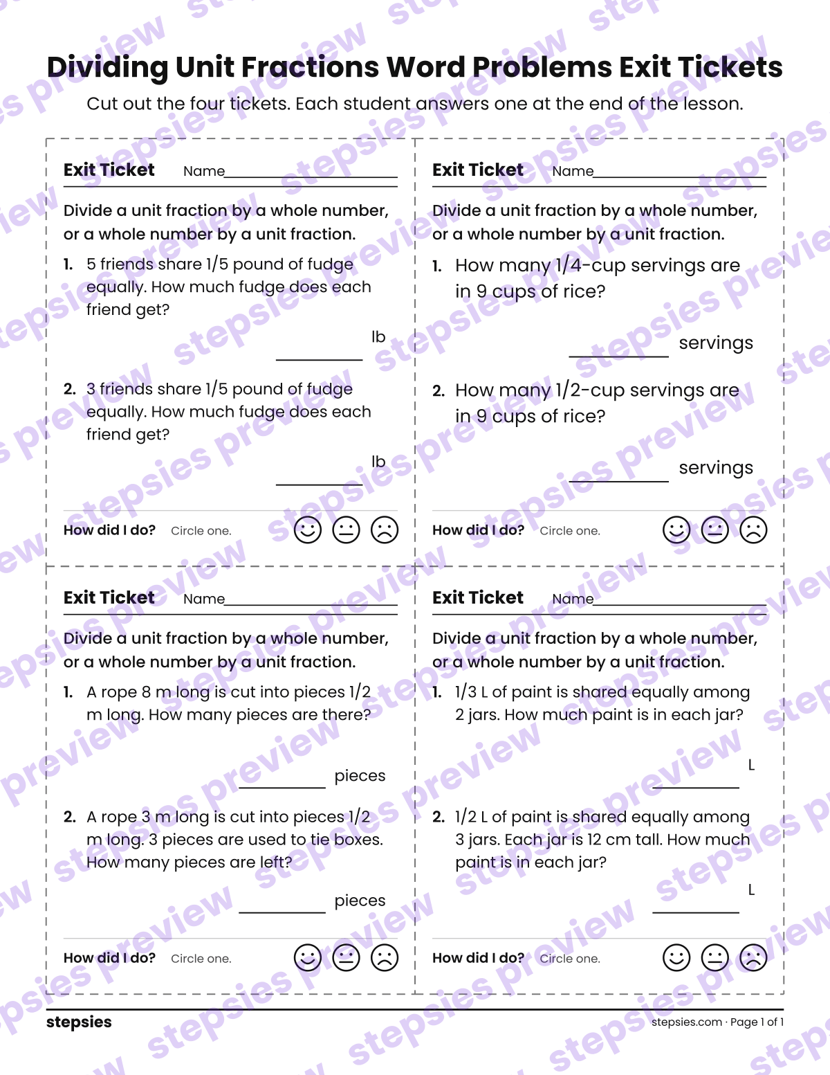 Dividing Unit Fractions Word Problems Exit Tickets: page 1 of a printable Grade 5 Math worksheet