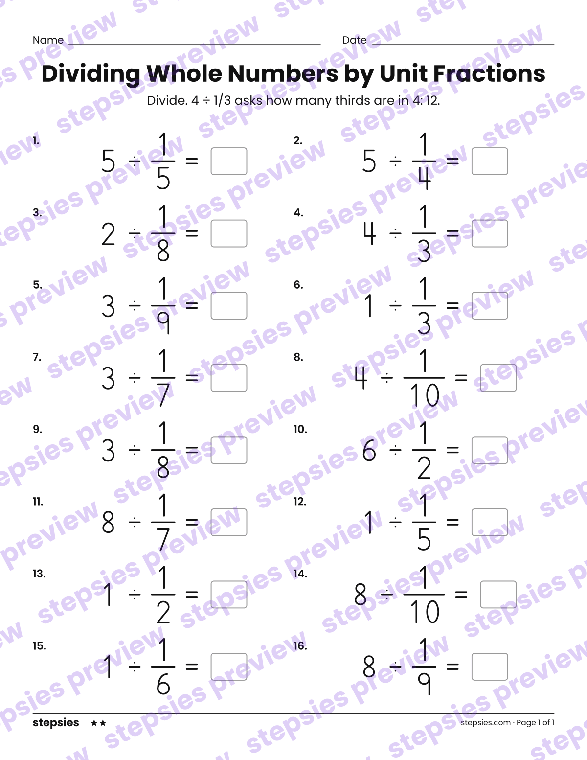 Dividing Whole Numbers by Unit Fractions: page 1 of a printable Grade 5 Math worksheet