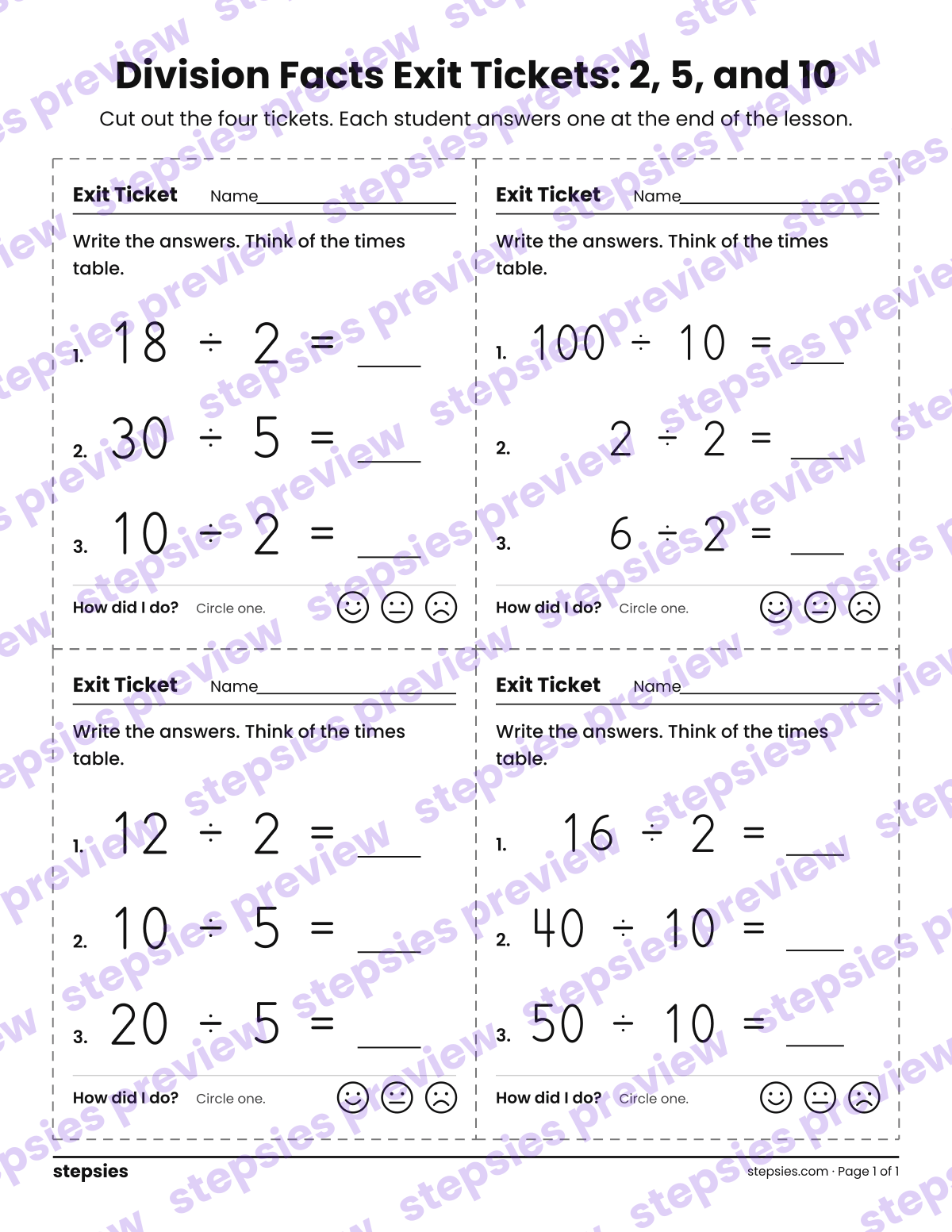 Division Facts Exit Tickets: 2, 5, and 10: page 1 of a printable Grade 3 Math worksheet