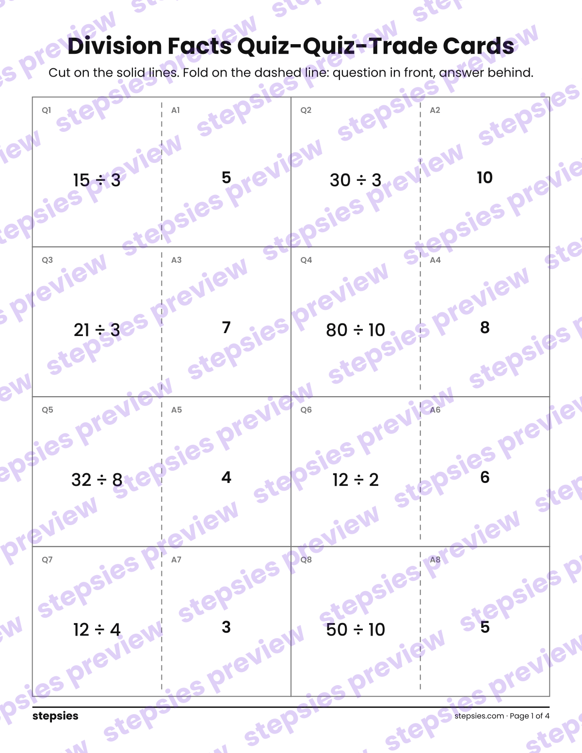 Division Facts: Quiz-Quiz-Trade Cards: page 1 of a printable Grade 3 Math worksheet