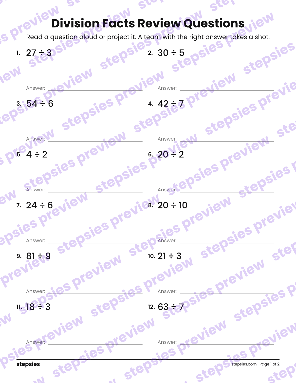 Division Facts: Trashketball Review Questions: page 1 of a printable Grade 3 Math worksheet