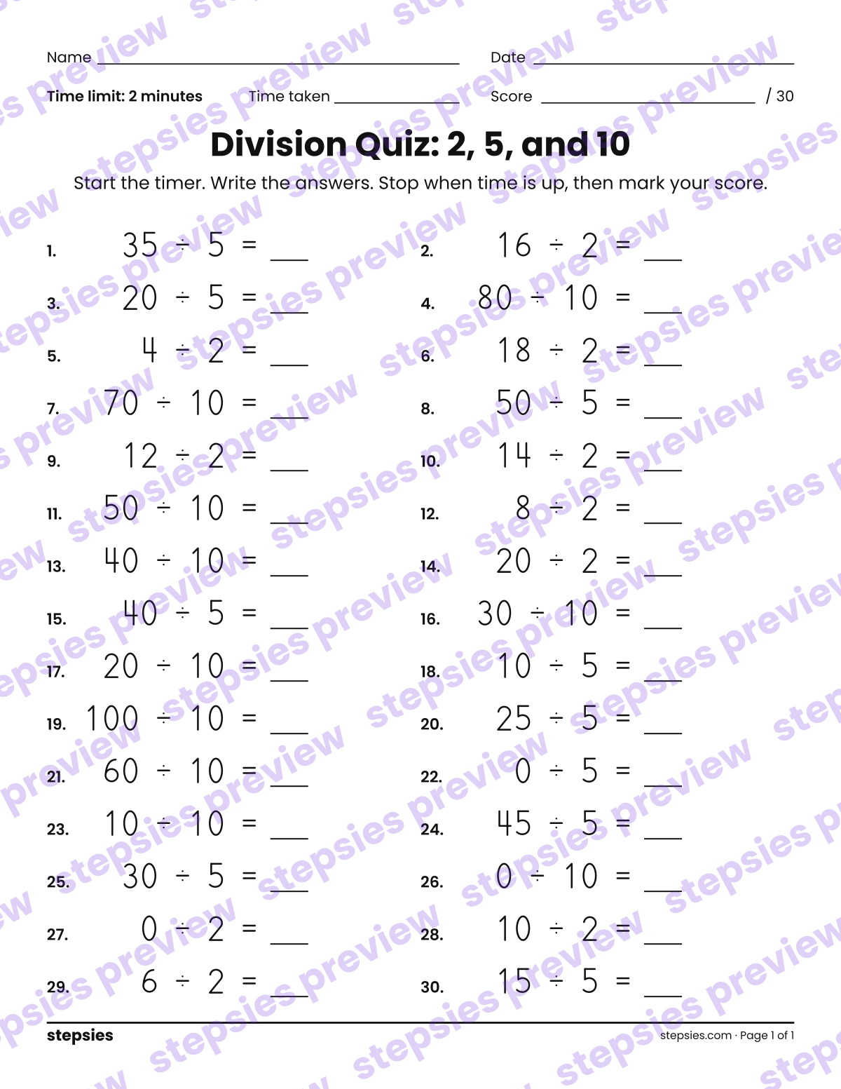 Division Quiz: 2, 5, and 10: page 1 of a printable Grade 3 Math worksheet