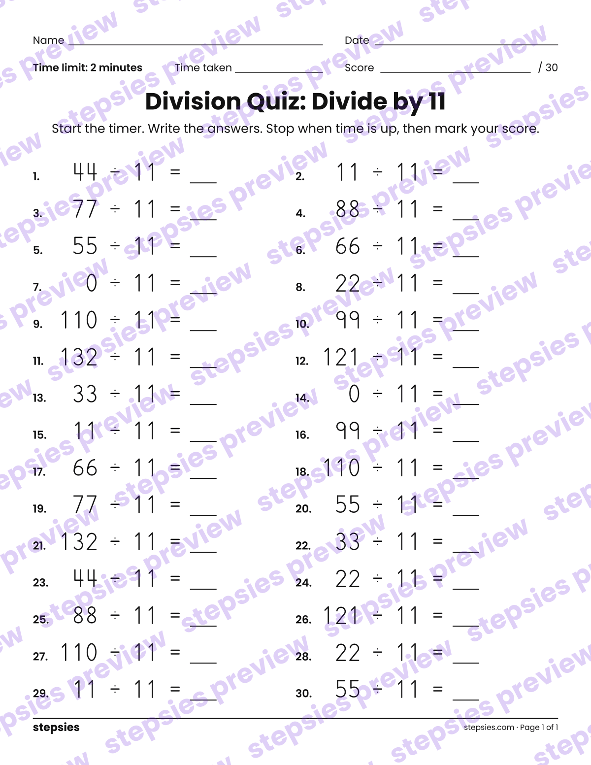 Division Quiz: Divide by 11: page 1 of a printable Grades 4 and 5 Math worksheet