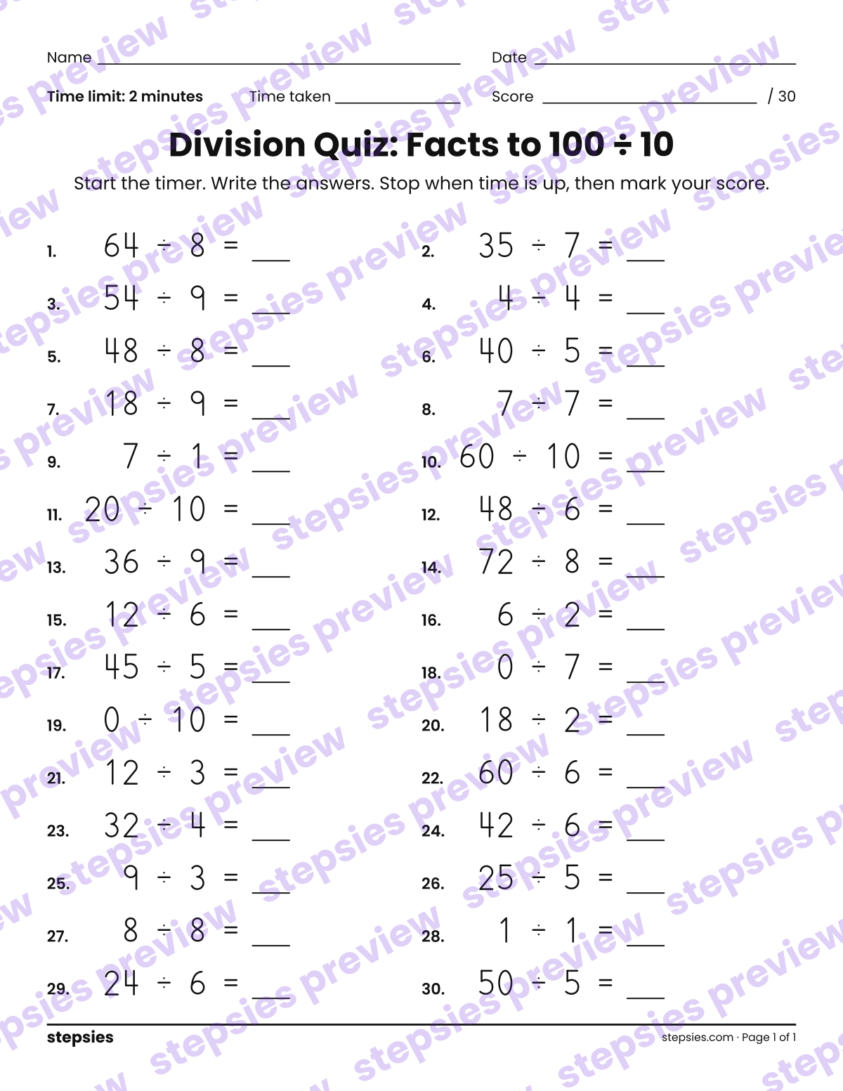 Division Quiz: Facts to 100 ÷ 10: page 1 of a printable Grades 3 and 4 Math worksheet