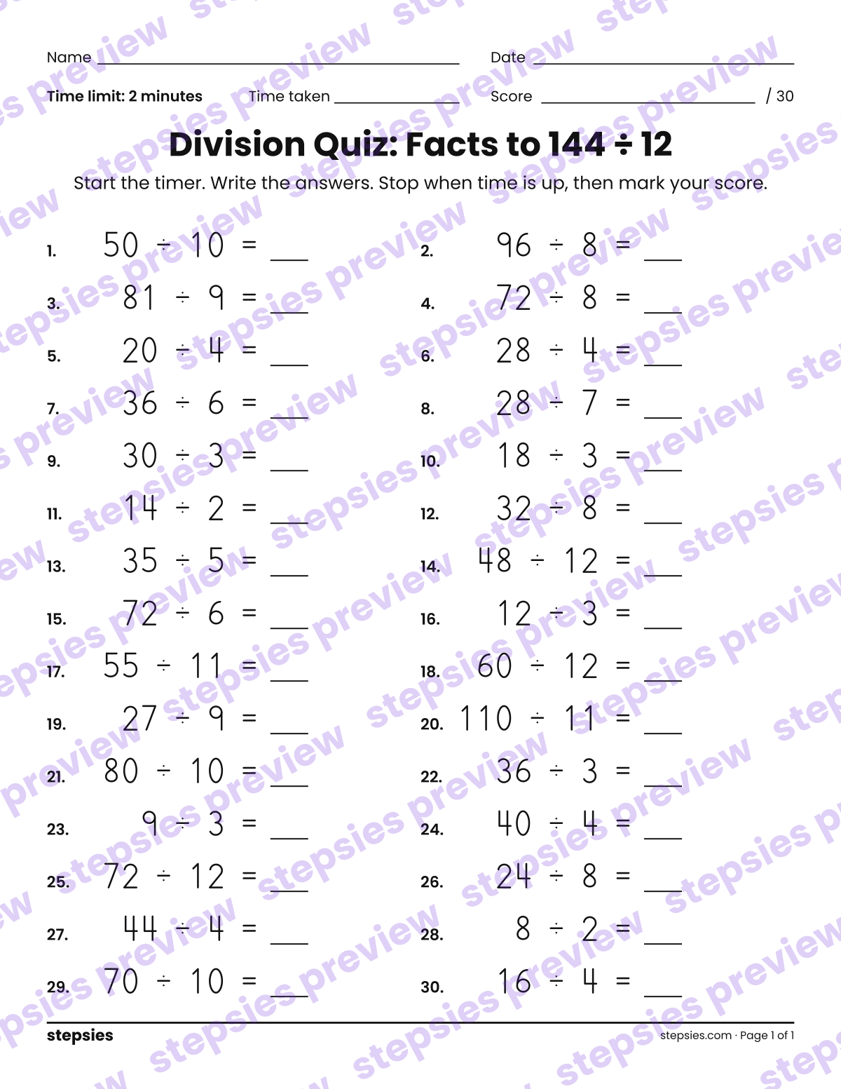 Division Quiz: Facts to 144 ÷ 12: page 1 of a printable Grades 4 and 5 Math worksheet