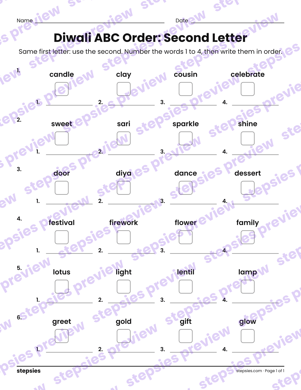 Diwali ABC Order: Second Letter: page 1 of a printable Grades 1 and 2 Language worksheet
