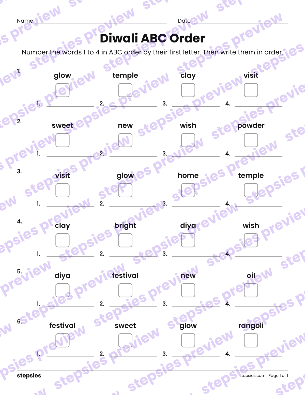 Diwali ABC Order: page 1 of a printable Grades 1 and 2 Language worksheet