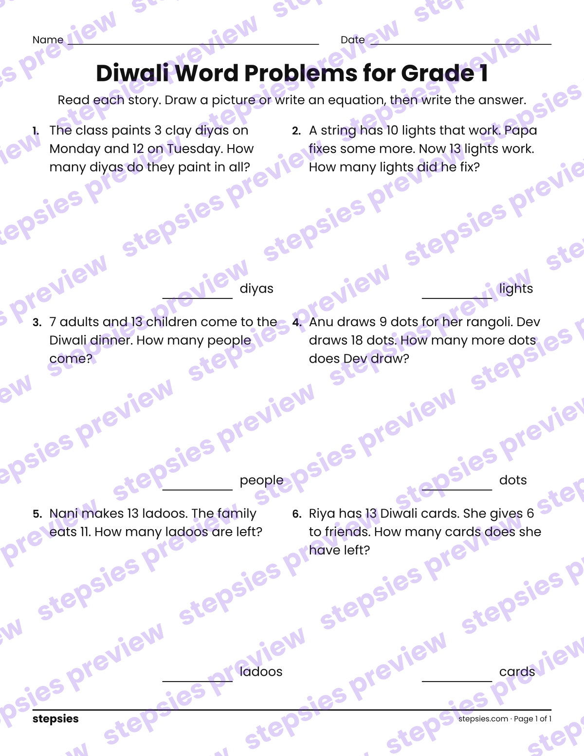 Diwali Word Problems for Grade 1: page 1 of a printable Grade 1 Math worksheet