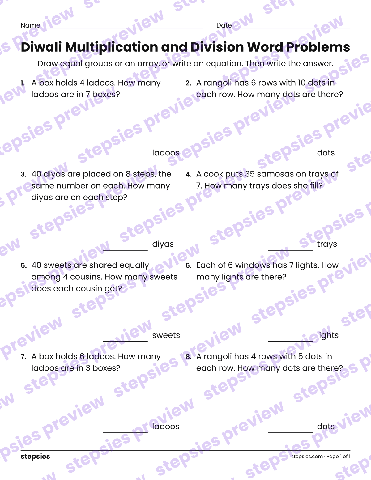 Diwali Multiplication and Division Word Problems: page 1 of a printable Grade 3 Math worksheet