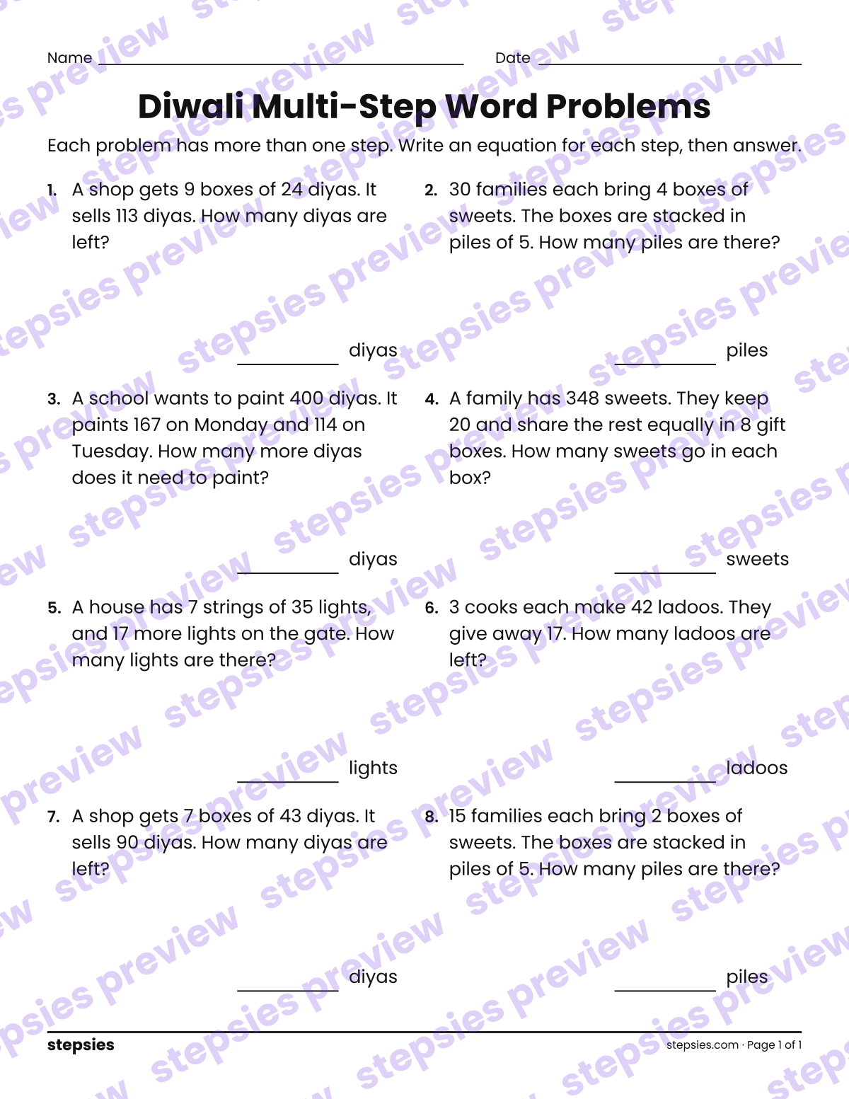 Diwali Multi-Step Word Problems: page 1 of a printable Grade 4 Math worksheet