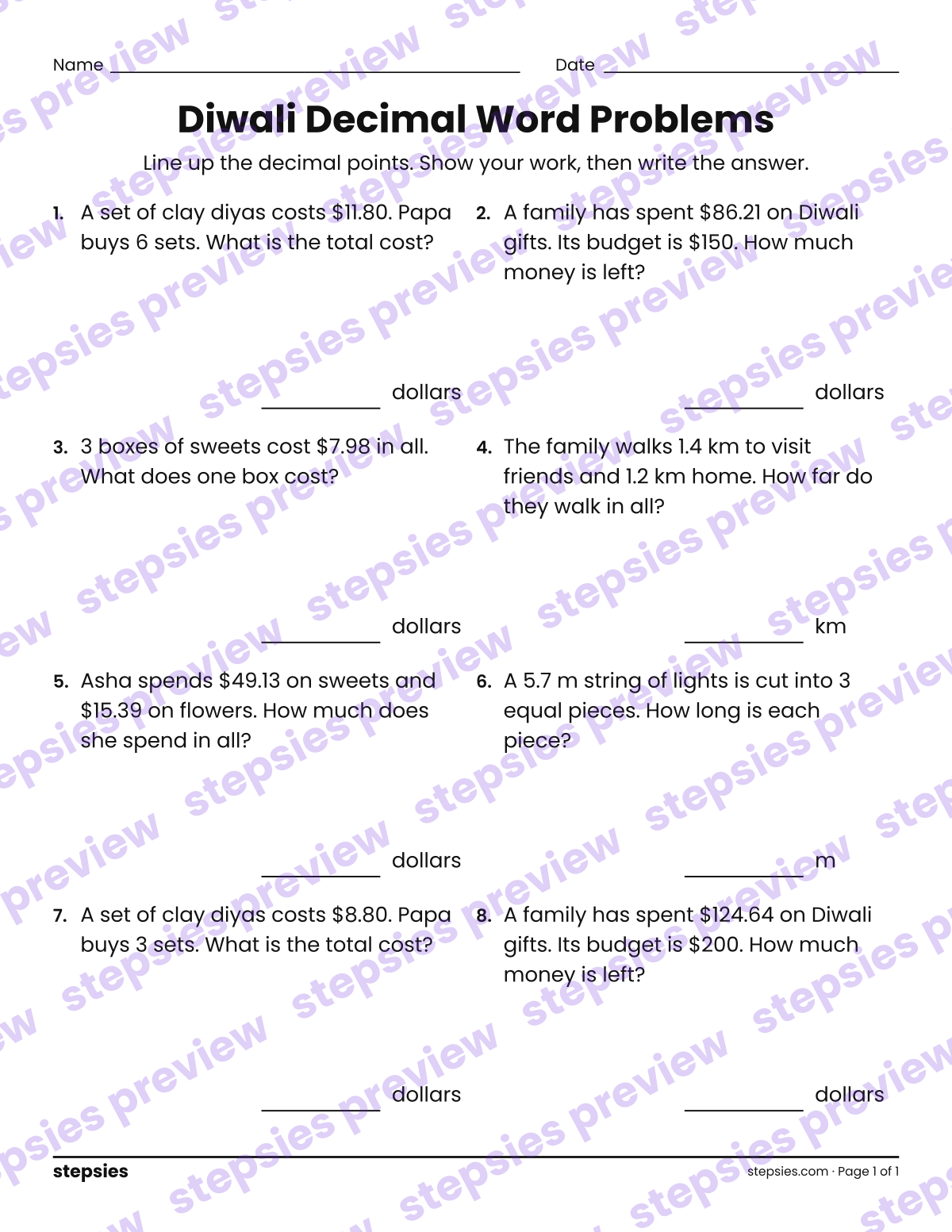 Diwali Decimal Word Problems: page 1 of a printable Grade 5 Math worksheet