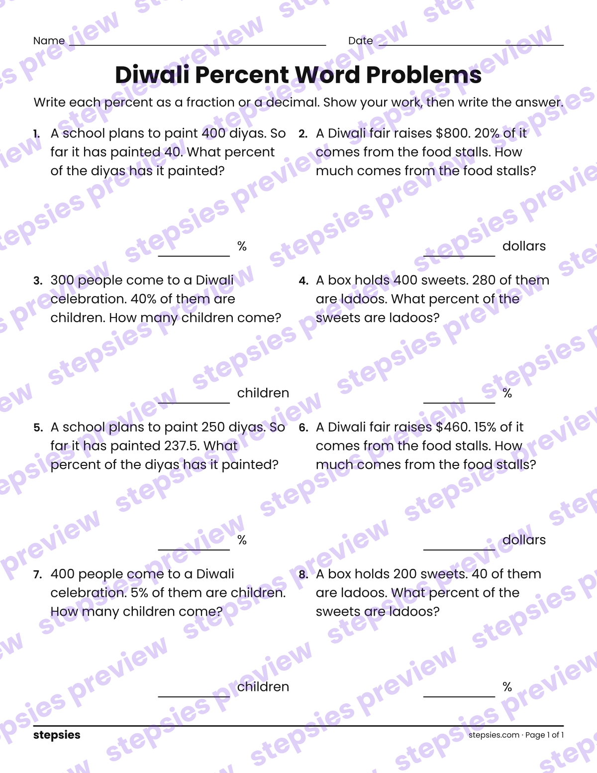 Diwali Percent Word Problems: page 1 of a printable Grade 6 Math worksheet