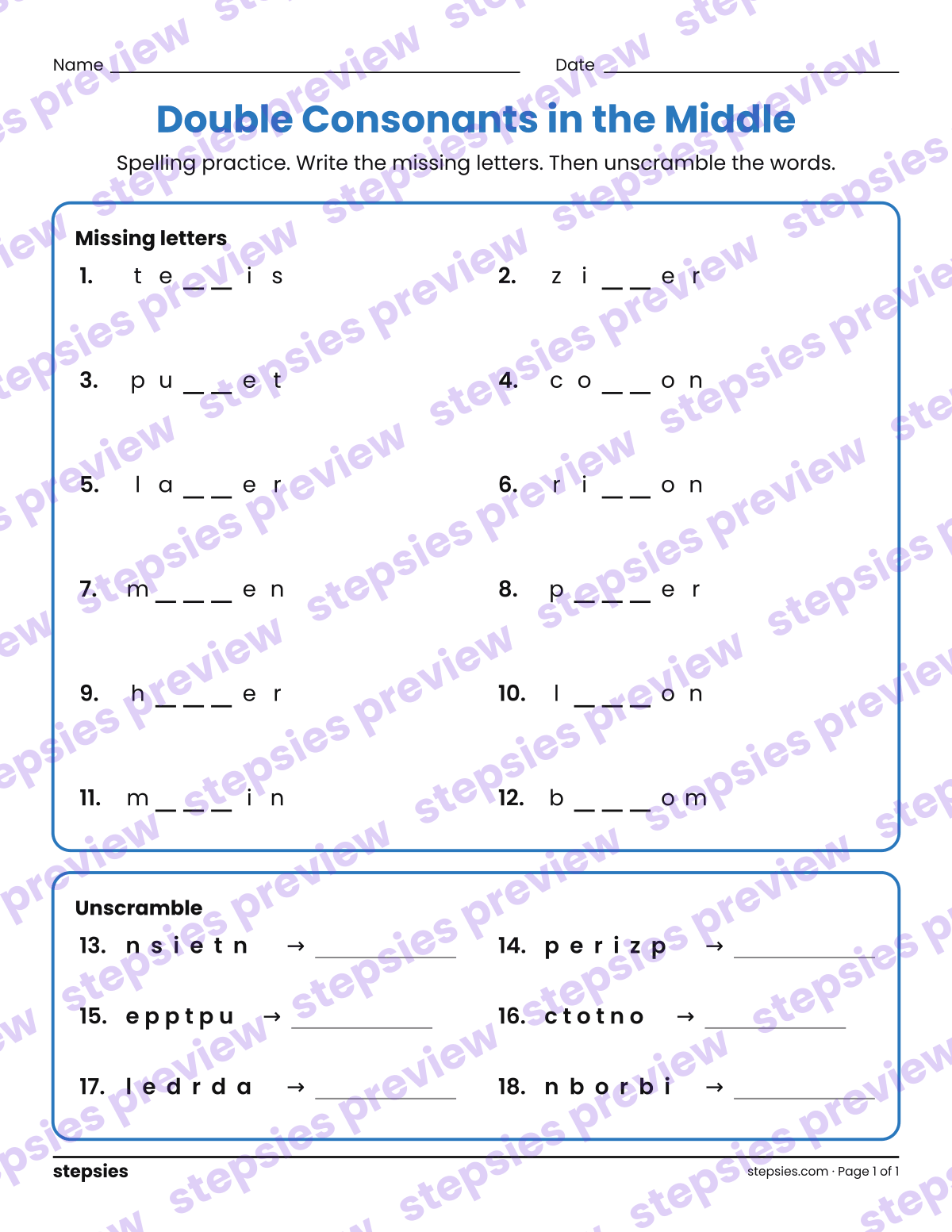 Double Consonants in the Middle: Spelling Practice: page 1 of a printable Grade 2 Language worksheet