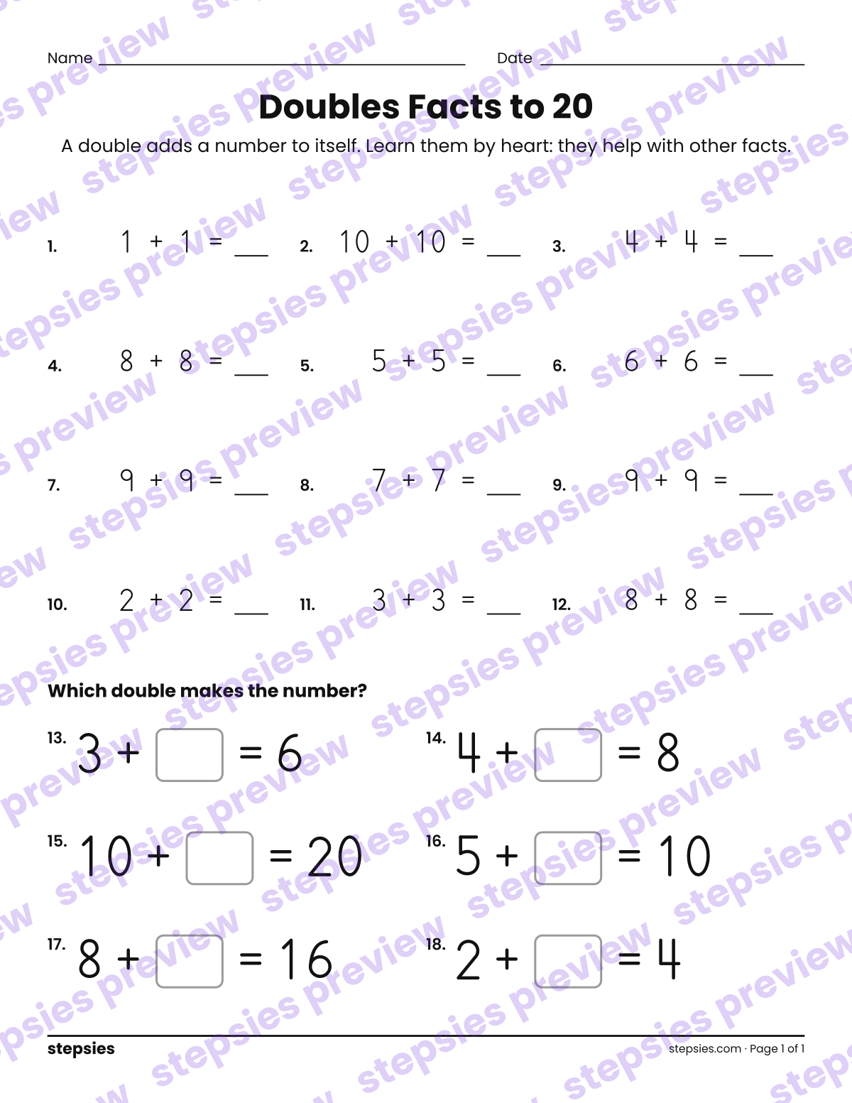 Doubles Facts to 20: page 1 of a printable Grade 1 Math worksheet