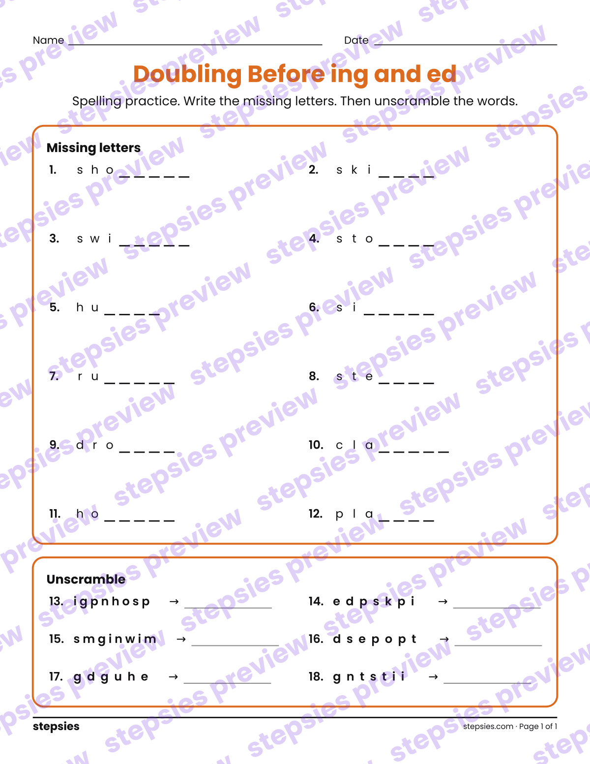 Doubling Before ing and ed: Spelling Practice: page 1 of a printable Grade 3 Language worksheet