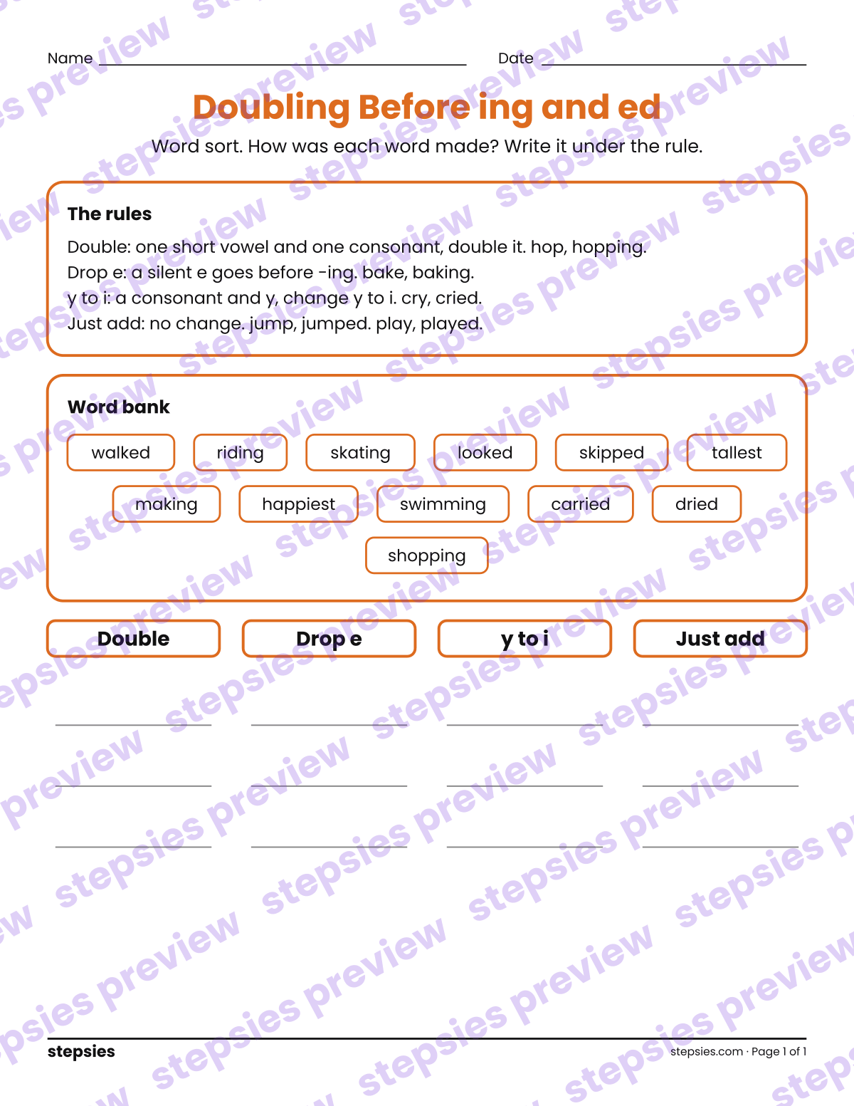 Doubling Before ing and ed: Word Sort: page 1 of a printable Grade 3 Language worksheet