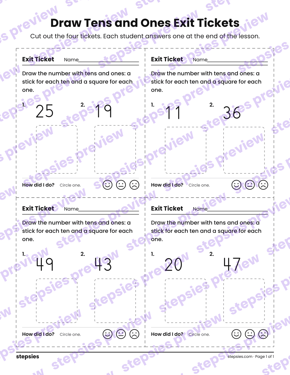Draw Tens and Ones Exit Tickets: page 1 of a printable Grade 1 Math worksheet