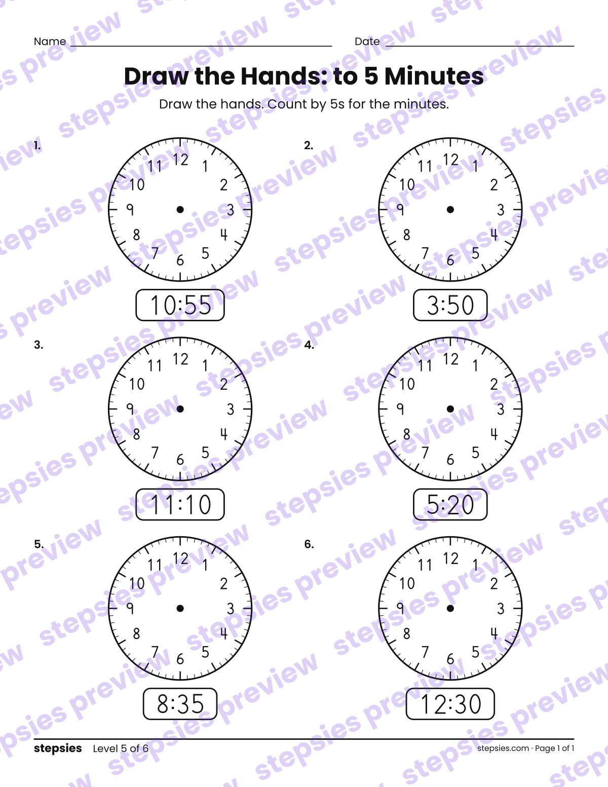 Draw the Hands: to 5 Minutes: page 1 of a printable Grades 2 and 3 Math worksheet