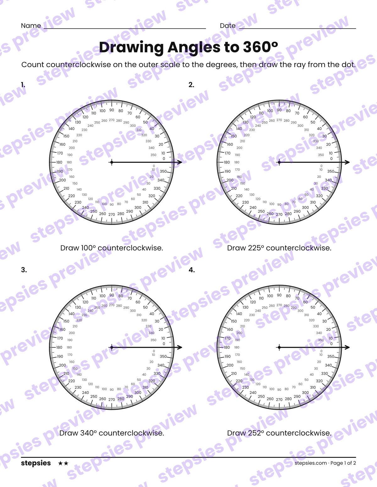 Drawing Angles to 360°: page 1 of a printable Grade 6 Math worksheet