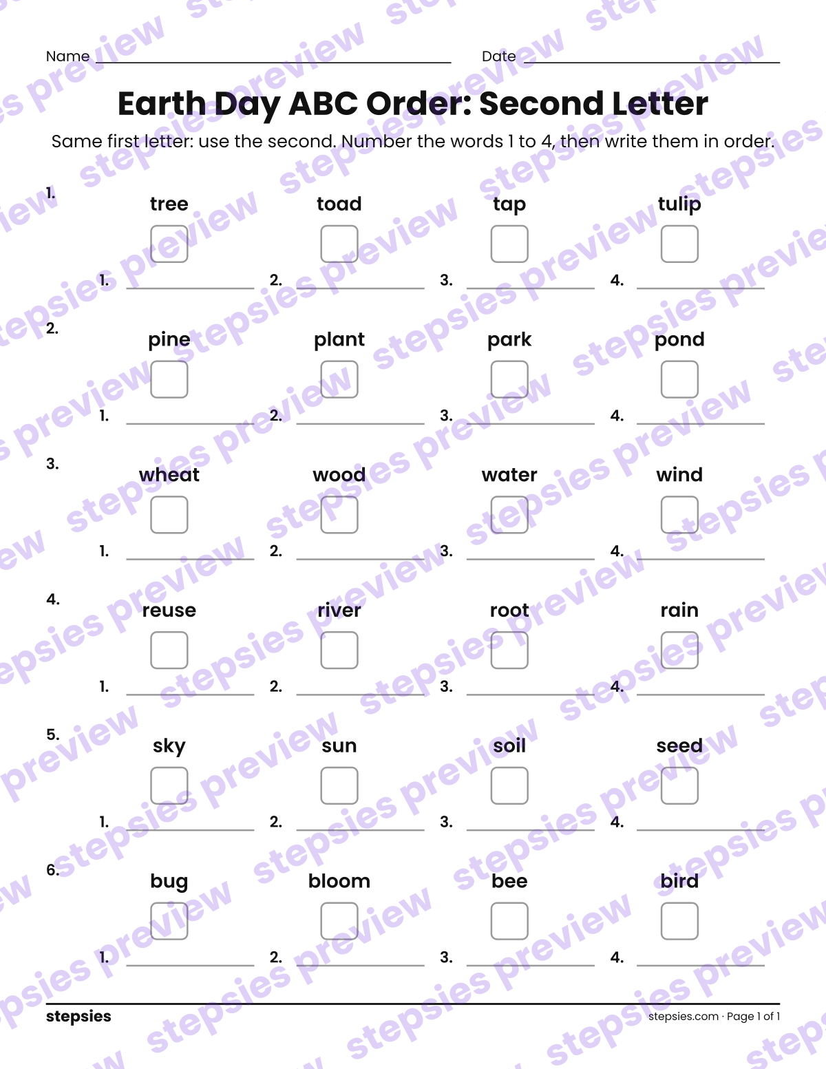 Earth Day ABC Order: Second Letter: page 1 of a printable Grades 1 and 2 Language worksheet