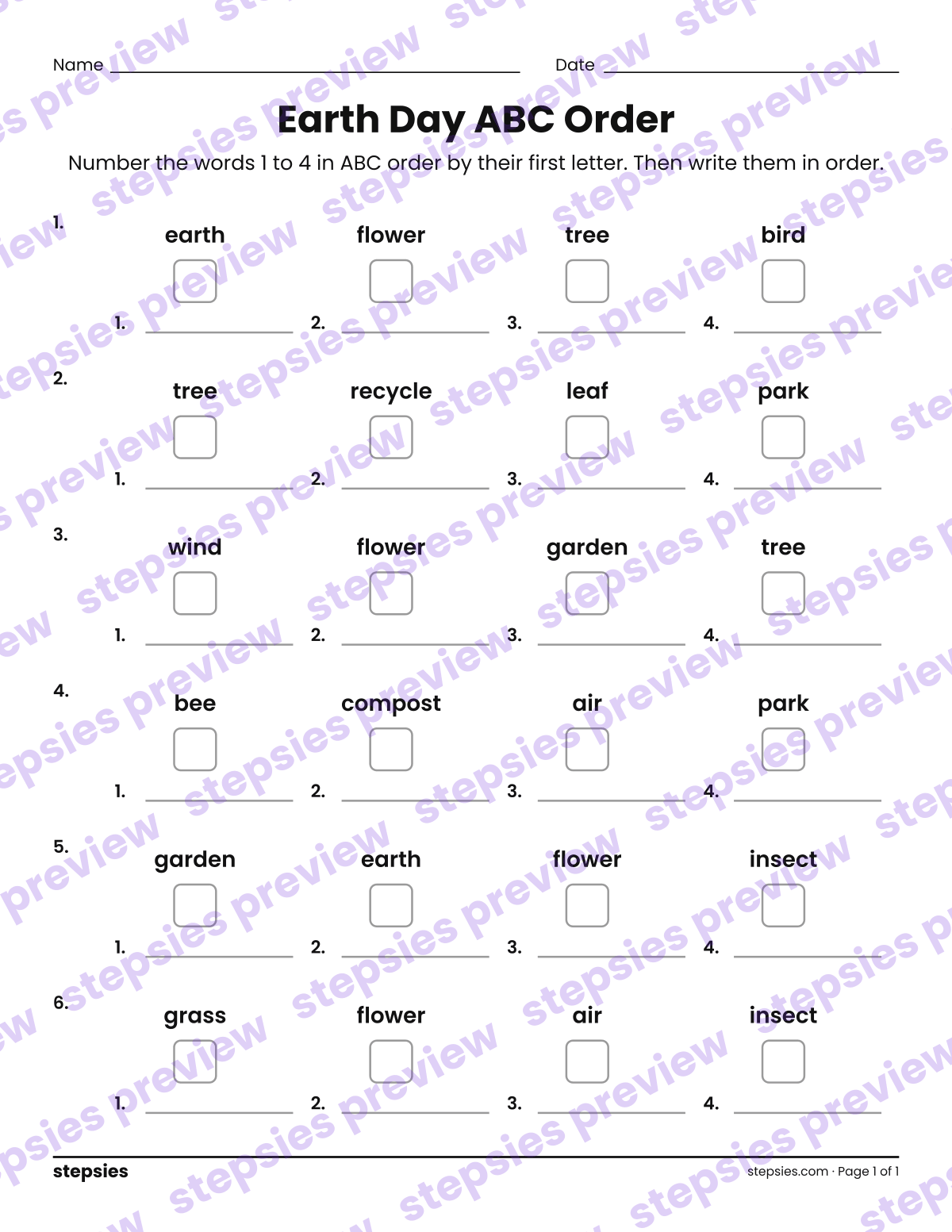 Earth Day ABC Order: page 1 of a printable Grades 1 and 2 Language worksheet