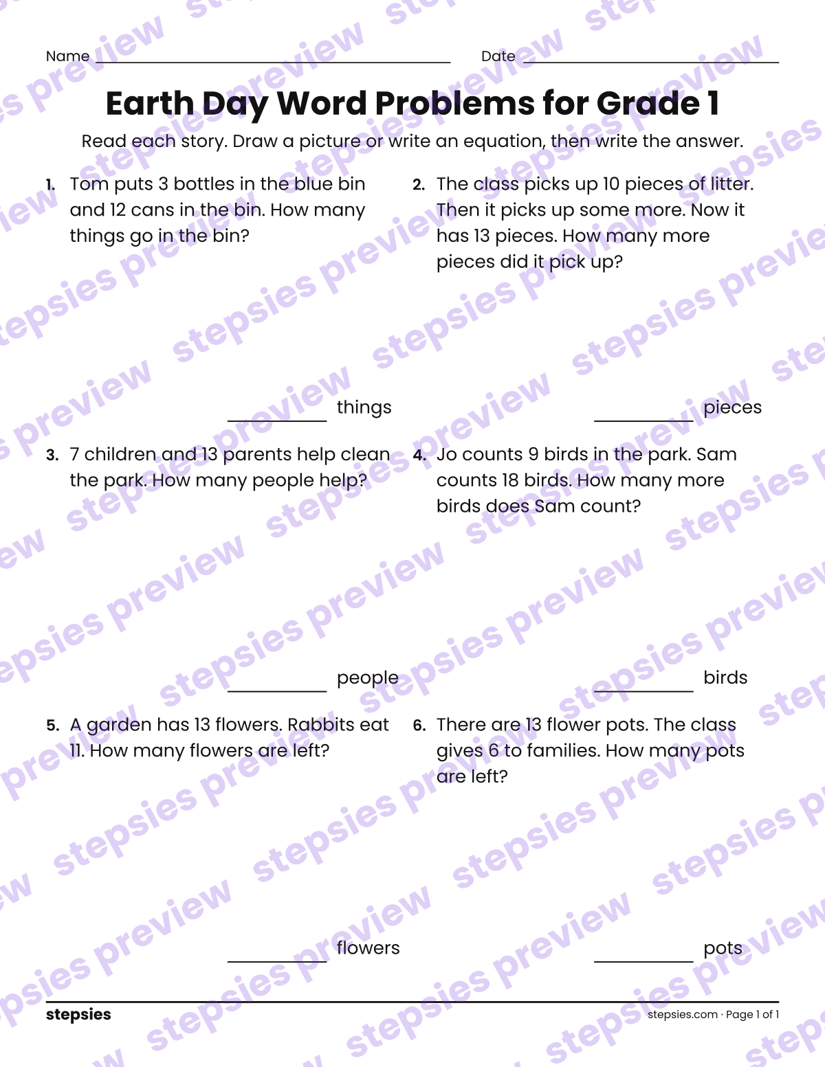 Earth Day Word Problems for Grade 1: page 1 of a printable Grade 1 Math worksheet
